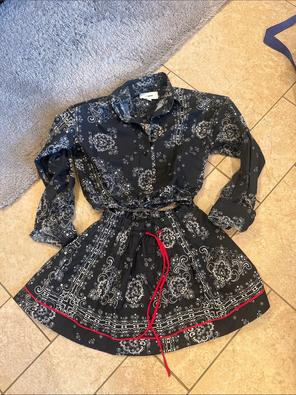 Black Paisley Shirt Dress with Red Tie